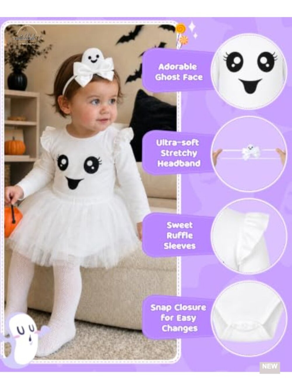 Toddler Girl Ghost Costume 4-Piece Bodysuit Tutu Headband Tights Halloween - Picture 3 of 6